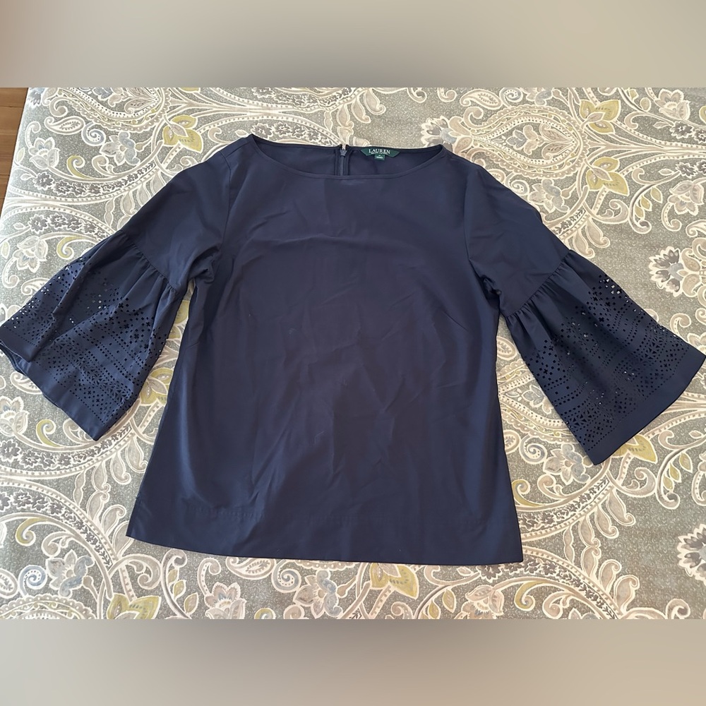 Lauren Ralph Lauren Navy Blouse with Lace Design Sleeves